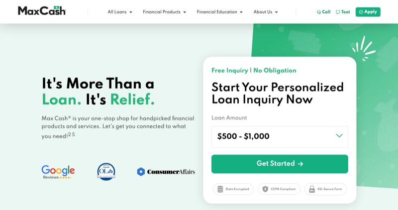 Max Cash homepage: “It's more than a loan. It's relief.” with a loan inquiry form