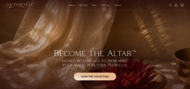 Monrosia homepage: “Become the Altar” over silk and a red lotus